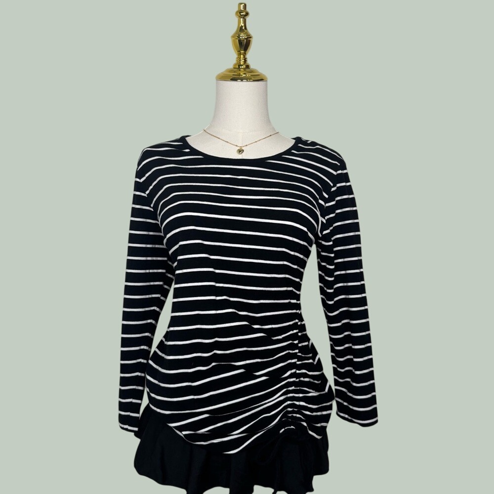 discontinued avon‎ black n white striped top 3/4 sleeves side ruching y2k preppy